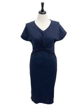 Gerard Darel Navy Blue Slub V Neck Twist Waist Short Sleeve Midi Dress Small 2
